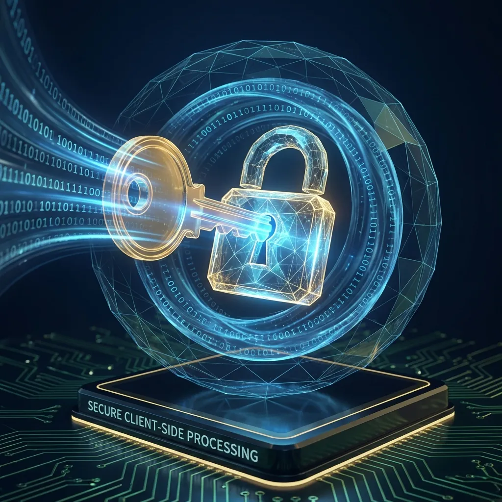 3D illustration of a digital lock and key protecting a data stream, symbolizing secure client-side JWT decoding.