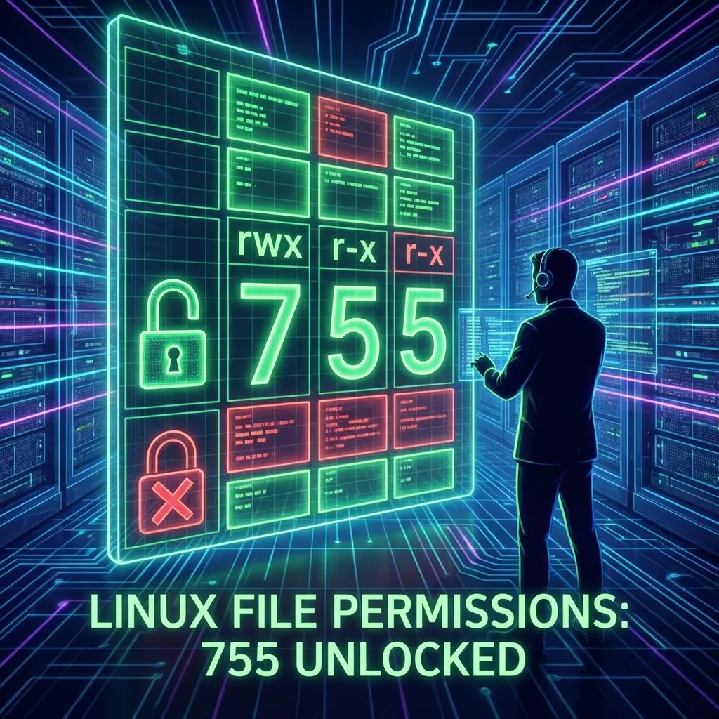 High-tech hologram interface displaying a Linux permission grid with 755 unlocked, visualizing server security.