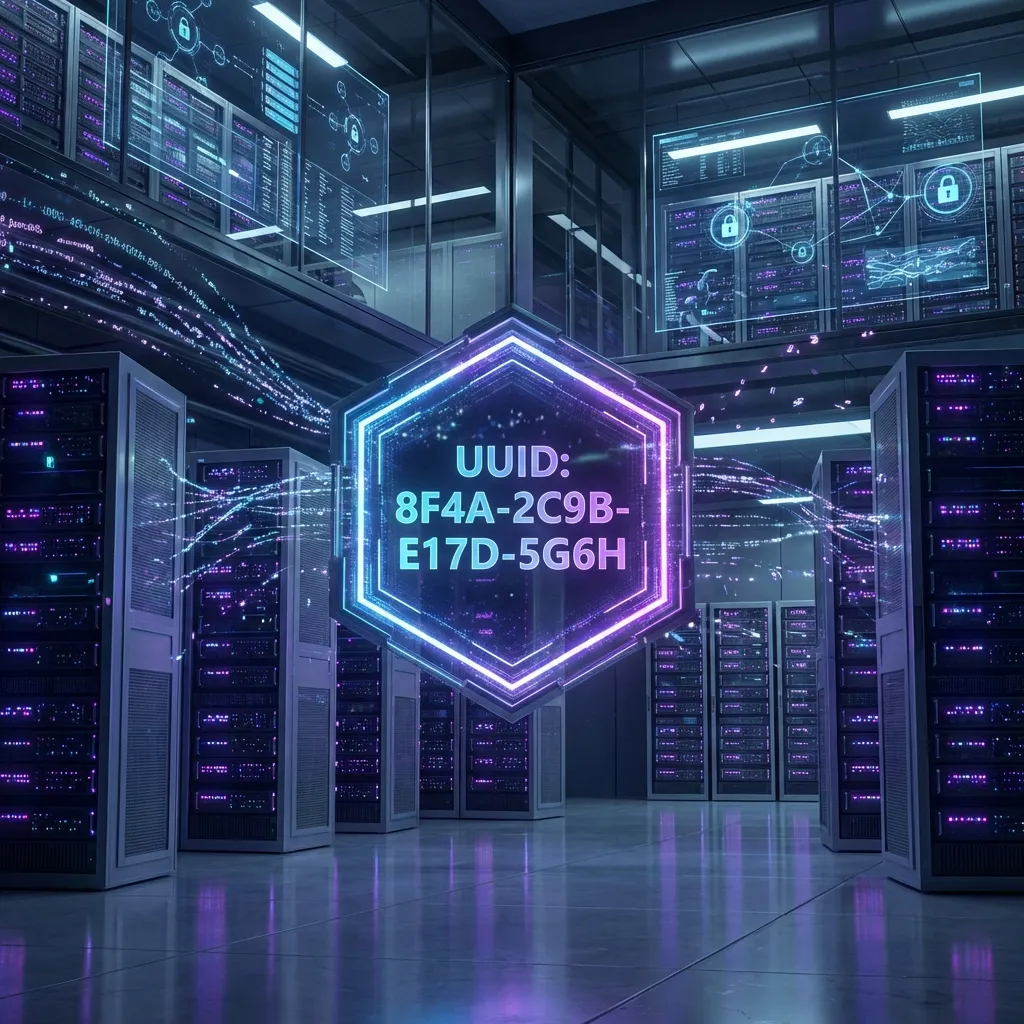 3D render of a futuristic server rack with glowing data nodes and a central UUID symbol.